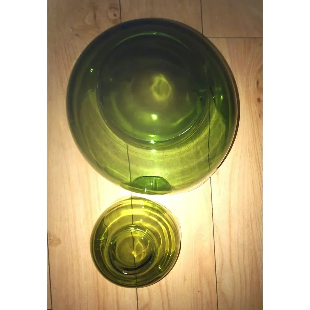 1970's Groovy Avocado Green Glass Chip & Dip‎ Scalloped Bowl Set Anchor Hocking